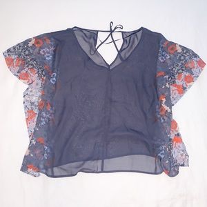 Flowy Loose Blue, Red, and White Floral Top